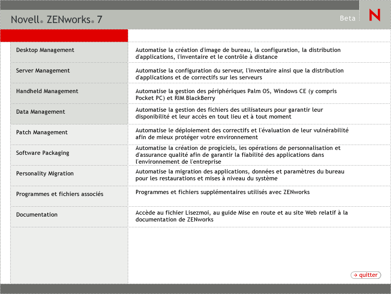 Capture d'écran de l'ouverture de la page du programme d'installation de ZENworks qui montre les options d'installation générales