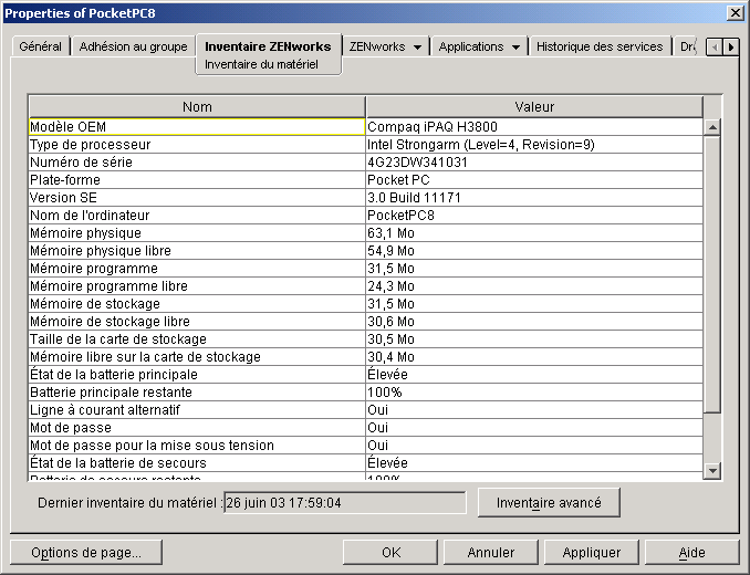 Capture d'écran de l'onglet Inventaire matériel de la page Clients