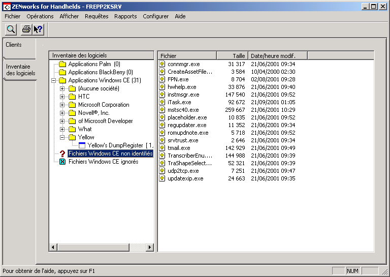 Capture d'cran de la page Inventaire des logiciels avec l'icne Fichiers Windows CE non identifis mise en surbrillance. 