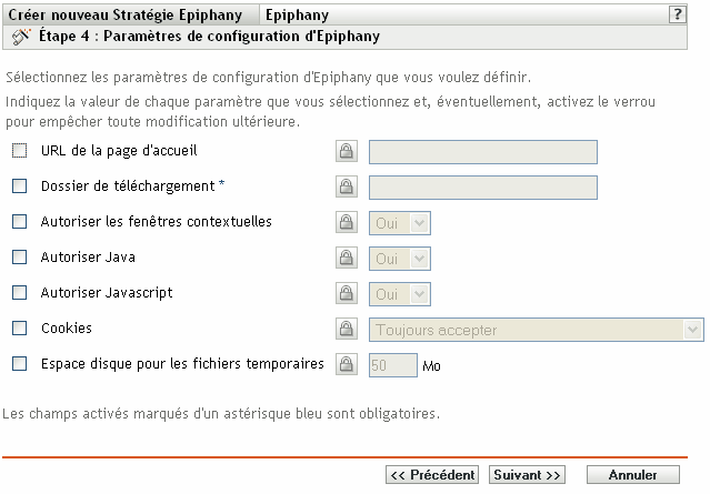 Page Paramètres de configuration d'Epiphany