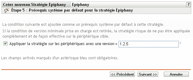 Page Configuration requise par défaut pour la stratégie Epiphany