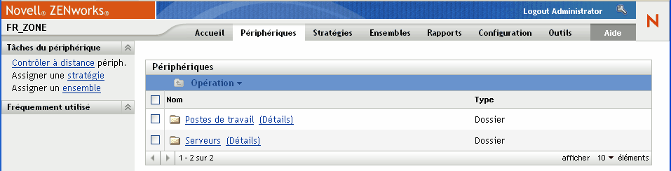 Onglet Ensembles dans le Centre de contrôle ZENworks