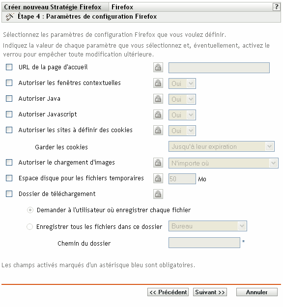 Page Paramètres de configuration Firefox