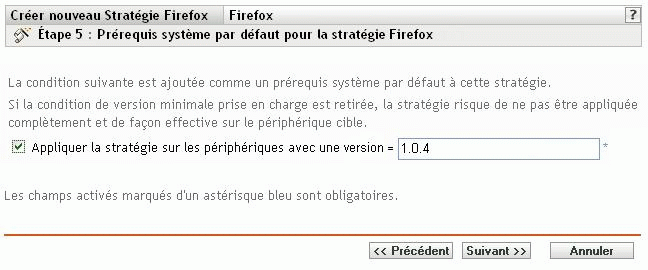Page Configuration requise par défaut pour la stratégie Mozilla Firefox