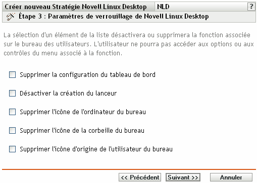 Page Paramètres de verrouillage de Novell Linux Desktop