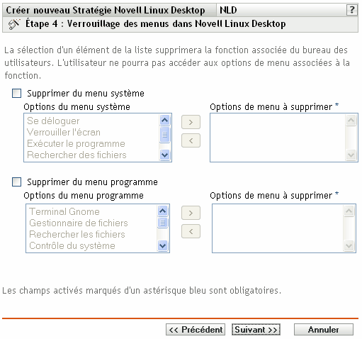 Page Verrouillage des menus dans Novell Linux Desktop