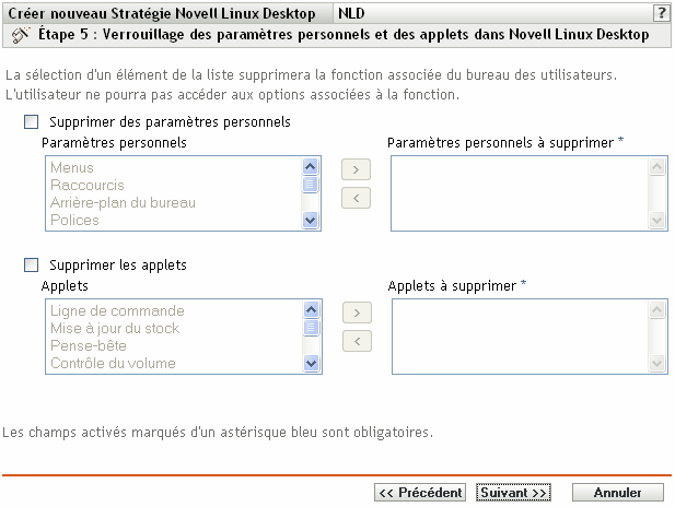 Page Verrouillage des paramètres personnels et des applets dans Novell Linux Desktop