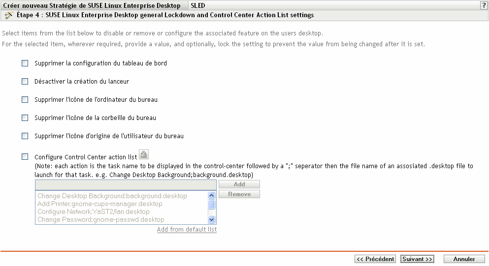 Page de verrouillage général de Suse Linux Enterprise Desktop et paramètres de liste d'action du centre de contrôle