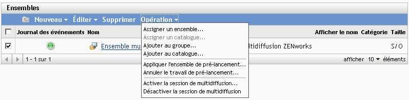 Options du menu Opération de l'onglet Ensembles