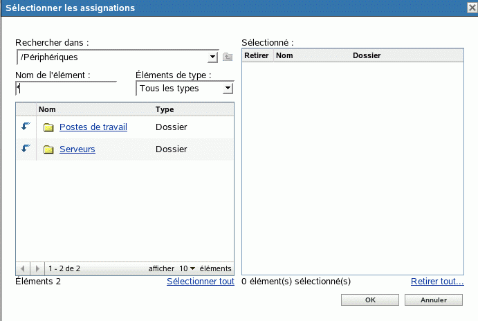 Boîte de dialogue Sélectionner les assignations