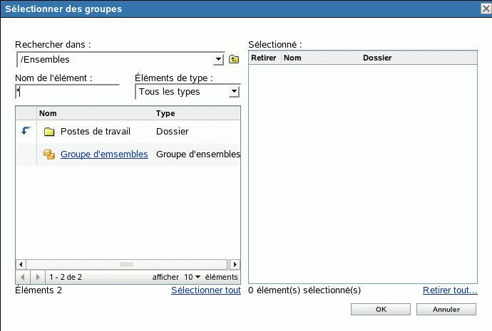 Boîte de dialogue Sélectionner des groupes