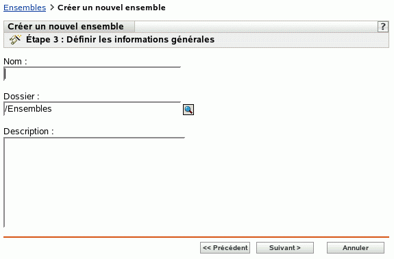 Étape 3 - création d'un nouvel ensemble : Définir les informations générales (champs Nom, Dossier et Description)