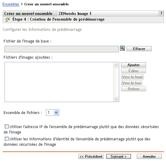 Étape 4 - page de création d'un nouvel ensemble : Création de l'ensemble de pré-lancement (champs Fichier de l'image de base, Fichiers d'images ajoutées et Jeu de fichiers)