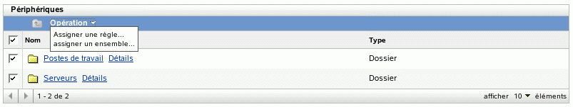 Options du menu Nouveau de l'onglet Périphériques