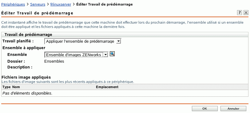 Page Éditer le travail de pré-lancement avec l'option Appliquer l'ensemble de pré-lancement sélectionnée dans le champ Travail planifié (Les champs Ensemble à appliquer et Fichiers d'image appliqués sont également affichés)