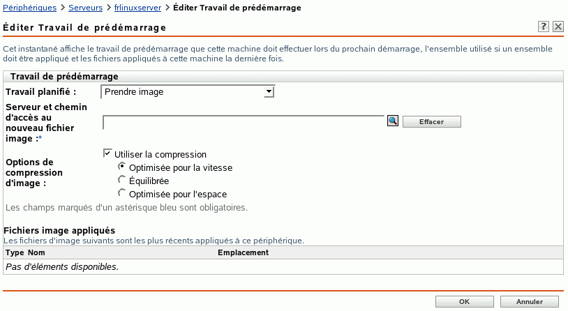 Page Éditer le travail de pré-lancement avec l'option Prendre une image sélectionnée dans le champ Travail planifié (Les champs Serveur et chemin d'accès au nouveau fichier image, Options de compression d'image et Fichiers d'image appliqués sont également affichés)