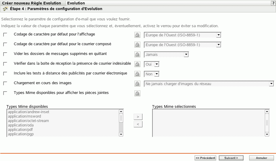 Page Paramètres de configuration Evolution