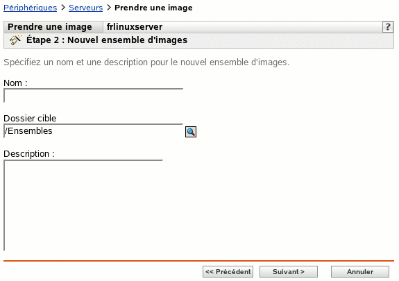 Étape 2 - page de création d'un nouvel ensemble : Nouvel ensemble d'images (champs Nom, Dossier cible et Description)