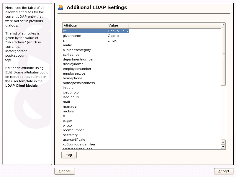 YaST: Tovbbi LDAP-belltsok