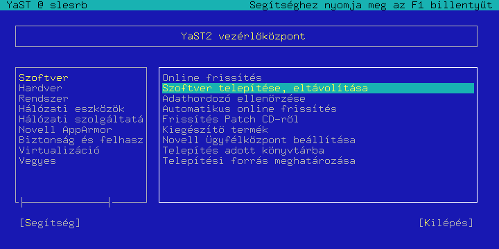 A YaST főablaka szveges mdban