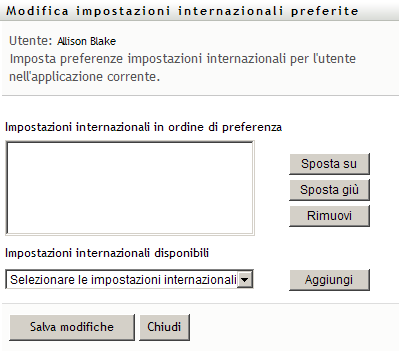 Utilizzare la pagina Modifica impostazioni internazionali preferite per selezionare la lingua preferita per l’interfaccia utente