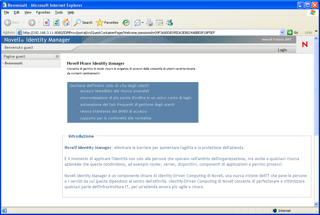 Pagina iniziale dell’applicazione utente
