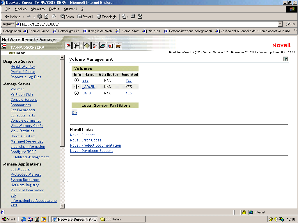 L'interfaccia di NetWare Remote Manager.