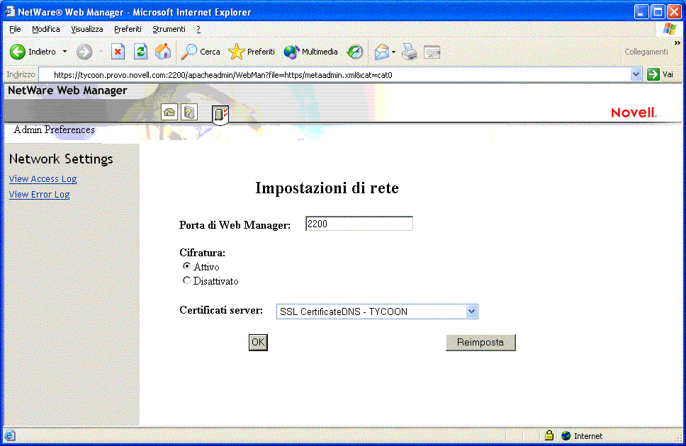 NetWare Web Manager, utilizzato per configurare le preferenze della versione amministrativa del sito Web introduttivo.