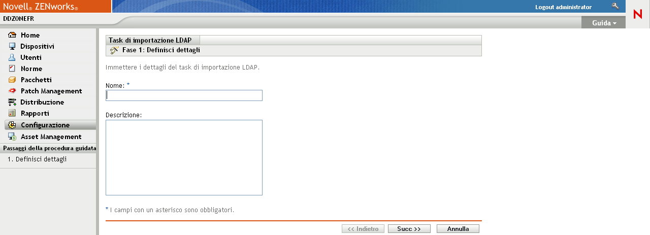 LDAP Import Tasks Wizard (Task di importazione guidata LDAP) > pagina Definisci dettagli