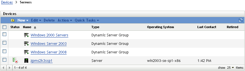 Elenco di gruppi di server ordinati per sistema operativo