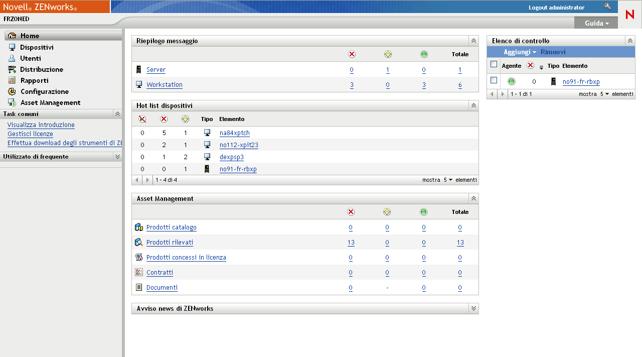 Home page del Centro di controllo ZENworks