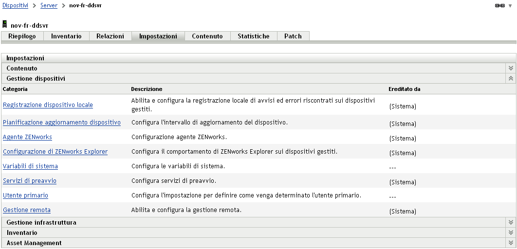 riquadro Impostazioni