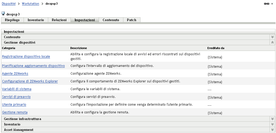 pagina Impostazioni workstation
