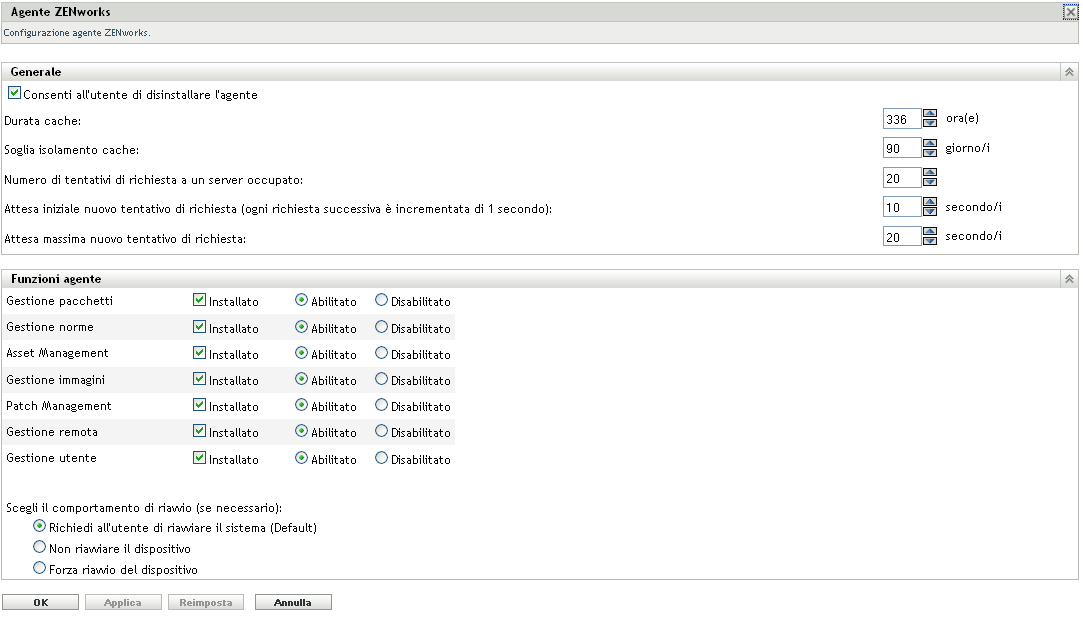 Pagina Agente ZENworks > riquadro Funzioni agente