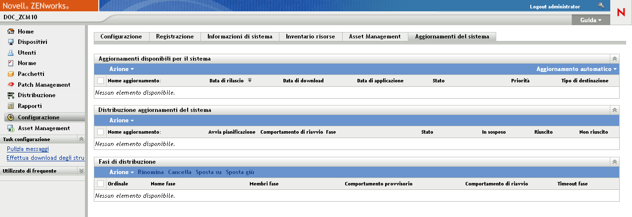 Pagina Aggiornamenti del sistema