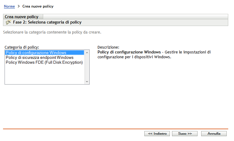 Pagina Seleziona categoria policy della procedura guidata di creazione di una nuova policy