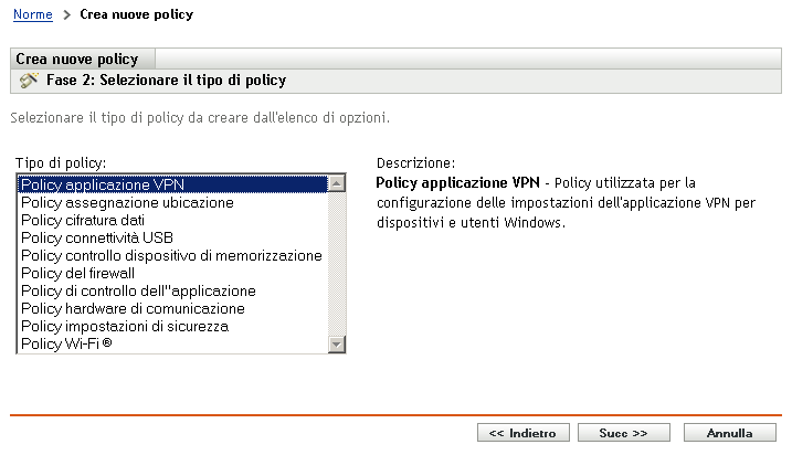 Pagina Seleziona tipo policy della procedura guidata di creazione di una nuova policy