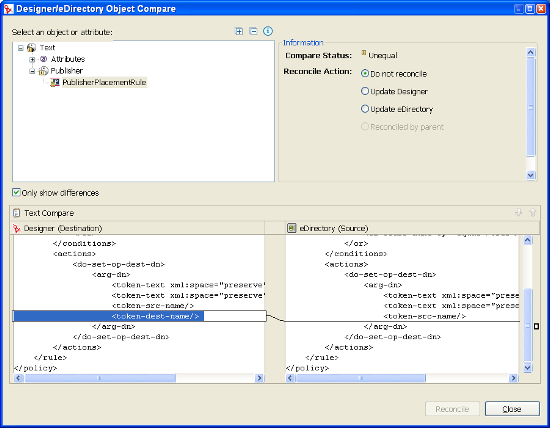 ［Designer/eDirectory Object Compare (Designer/eDirectoryオブジェクト比較)］ウィンドウ