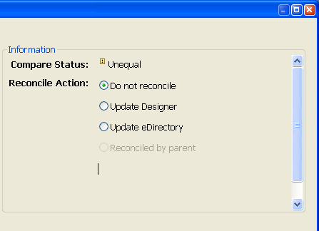 ［比較］ウィンドウの［Compare Status (ステータスの比較)］および［Reconcile Action (調和アクション)］部分