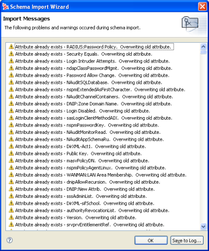 スキーマインポートのエラーまたは警告