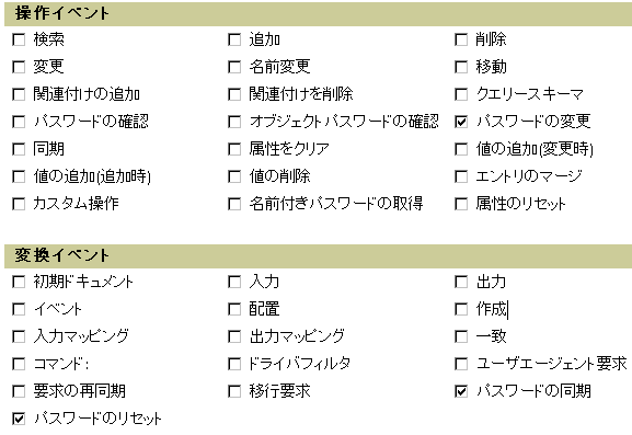 ［イベント］ページでオンにするチェックボックス