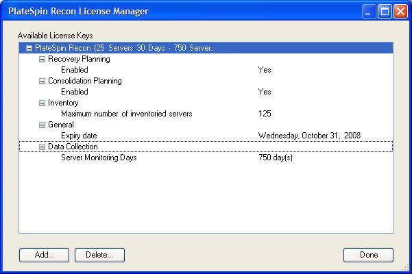［PlateSpin Recon License Manager］ダイアログボックス