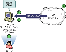 Novell Client����Novell eDirectory�ɔF�؂���v���Z�X�B