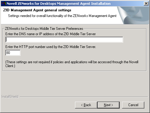 ZfD Management Agent�̃C���X�g�[���v���O�����́mgeneral settings�n�y�[�W�B