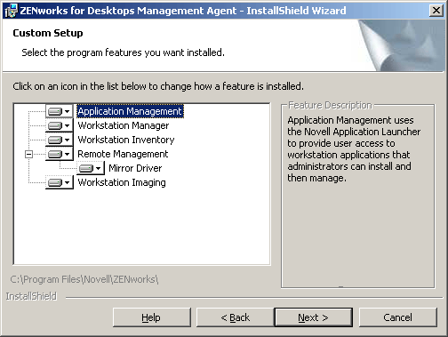 ZfD Management Agentのインストールプログラムで表示される利用可能な機能のダイアログボックス。