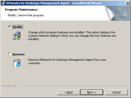 ZfD Management Agentのメンテナンスダイアログボックス。