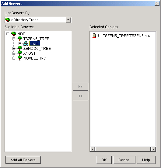 1���NetWare�T�[�o���I������Ă���mAdd Servers�n�_�C�A���O�{�b�N�X�B