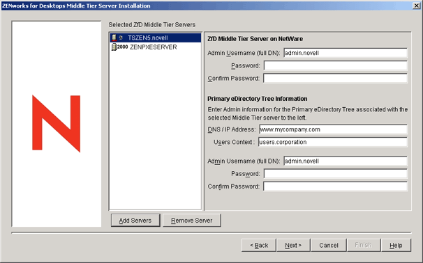 NetWare�T�[�o�ɂ��Ă̏����󂯕t����mZfD Middle Tier Server installation�n�_�C�A���O�{�b�N�X�B