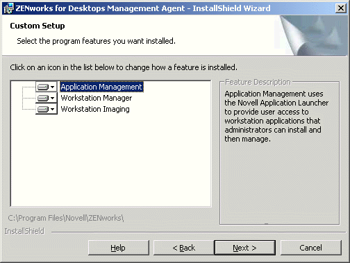 ZfD Management Agent installation program Custom Setup page