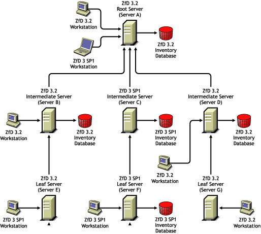 Illustration of an inventory network with a mixed installation of ZfD 3 SP1 and ZfD 3.2 Inventory servers having different roles.
